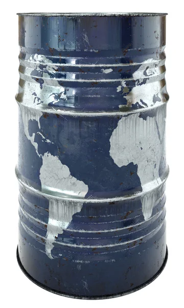 Barile di petrolio arrugginito con una mappa del mondo . — Foto Stock