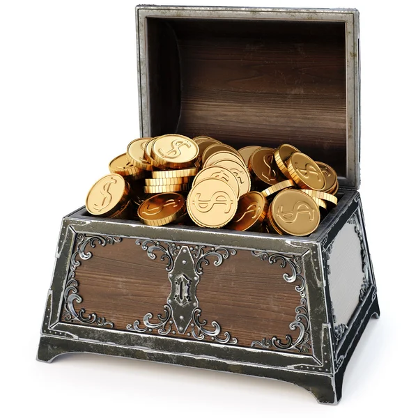 Старый деревянный сундук с золотыми монетами — стоковое фото