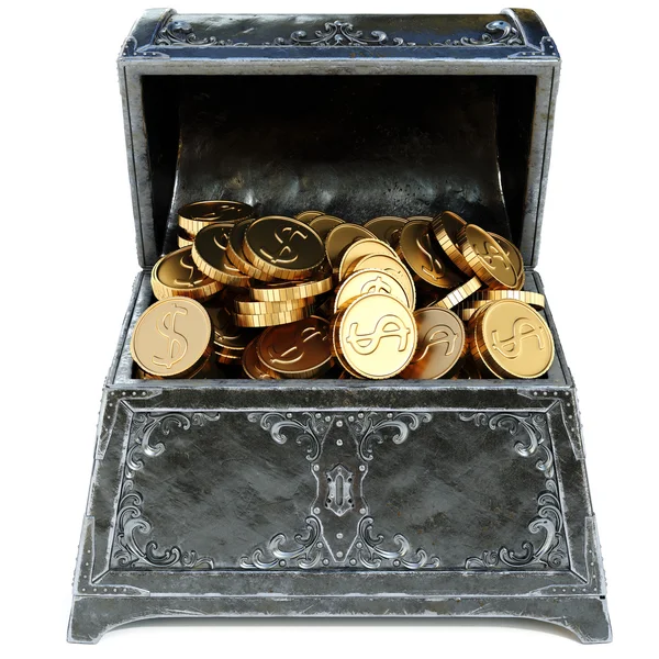 Stare metalowe klatki piersiowej z złote monety. — Zdjęcie stockowe
