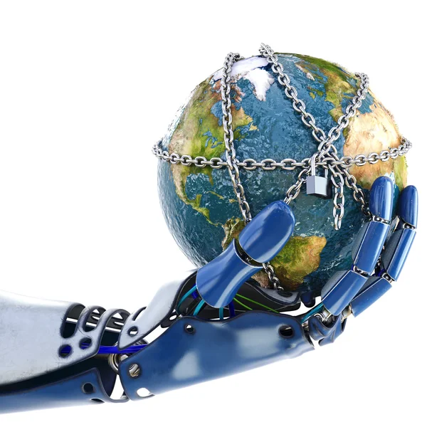 Hand av robot håller jorden — Stockfoto