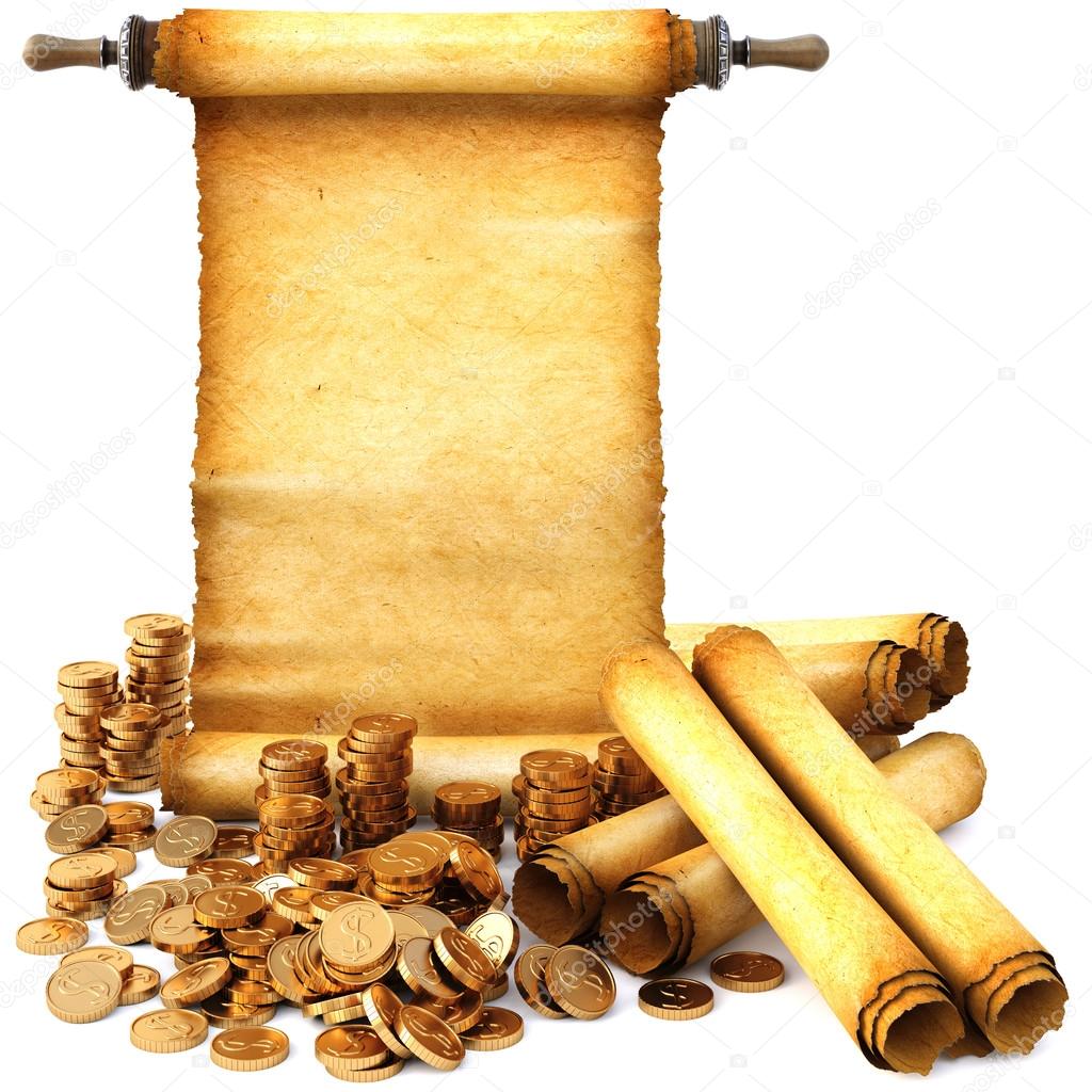 Ancient scroll and a bunch of gold coins — Stock Photo © dimdimich  #119560614