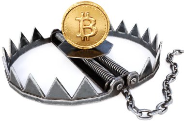 Beyaz arka planda Bitcoin 'in altın kripto para tuzağı. Kripto para birimi finansal tuzak konsepti. 3d oluşturma.