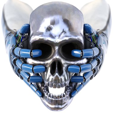 Robotun eli metal bir insan kafatasını tutar. Beyaz arka planda izole edilmiş. 3B illüstrasyon.