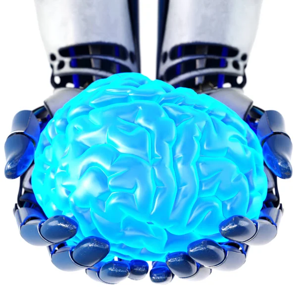Robotyczna Ręka Trzymająca Ludzki Mózg Odizolowany Białym Tle Sztuczna Inteligencja — Zdjęcie stockowe