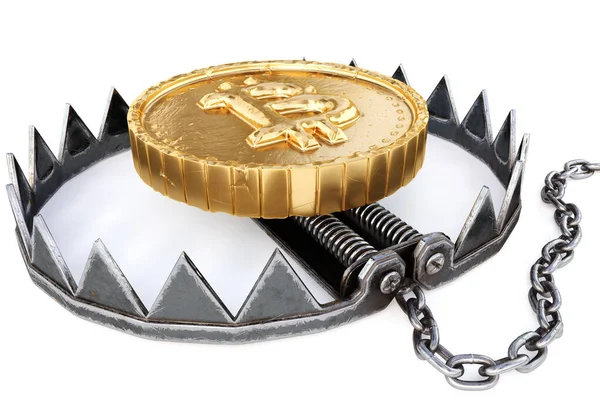 比特币的黄金加密硬币在白色背景的陷阱中 加密货币金融陷阱的概念 3D渲染 — 图库照片