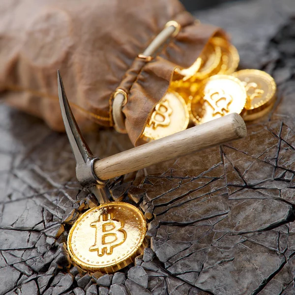 Bitcoin Concetto Estrazione Mineraria Con Piccone Borsa Pelle Illustrazione — Foto Stock