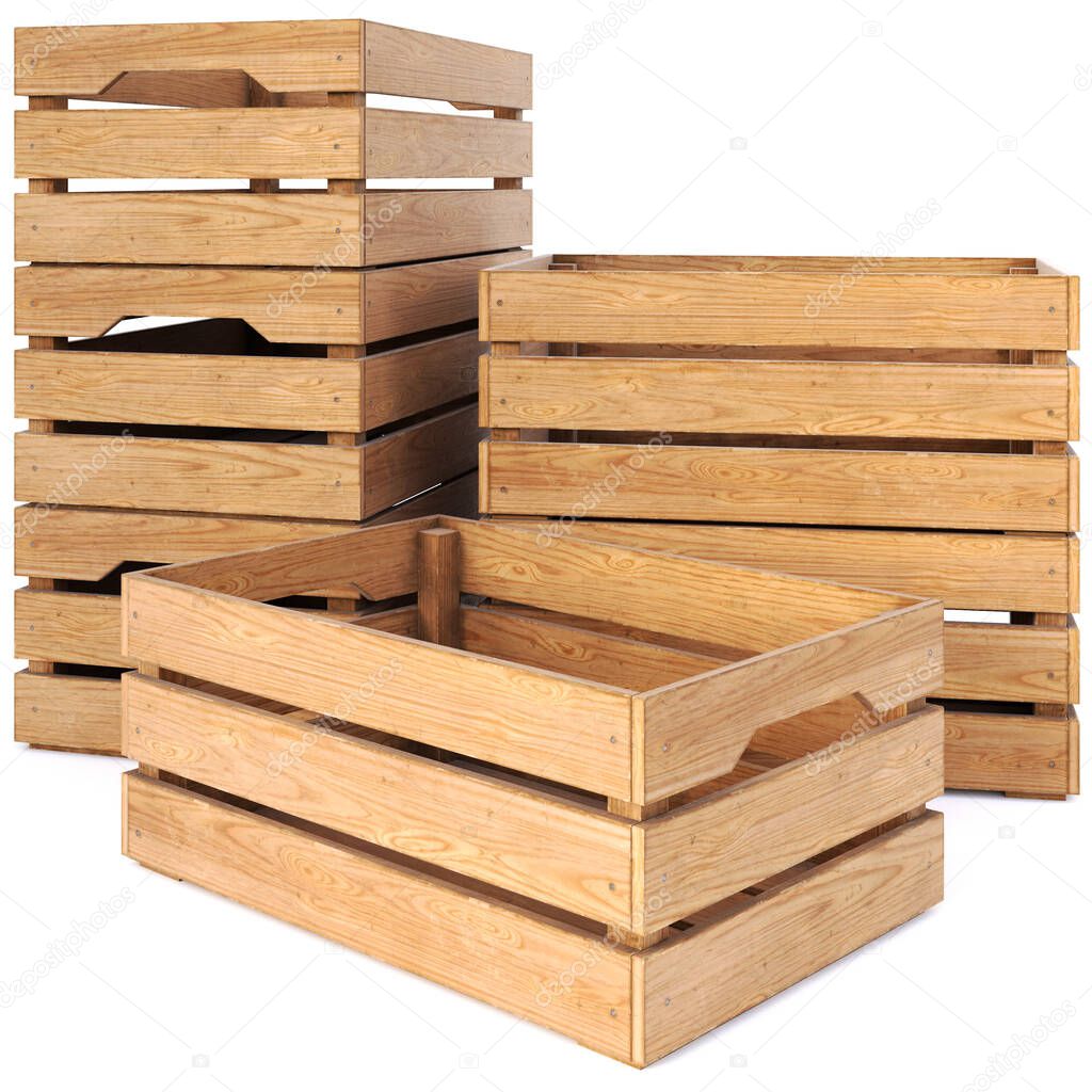 wooden boxes isolated on white background. 3D illustration.