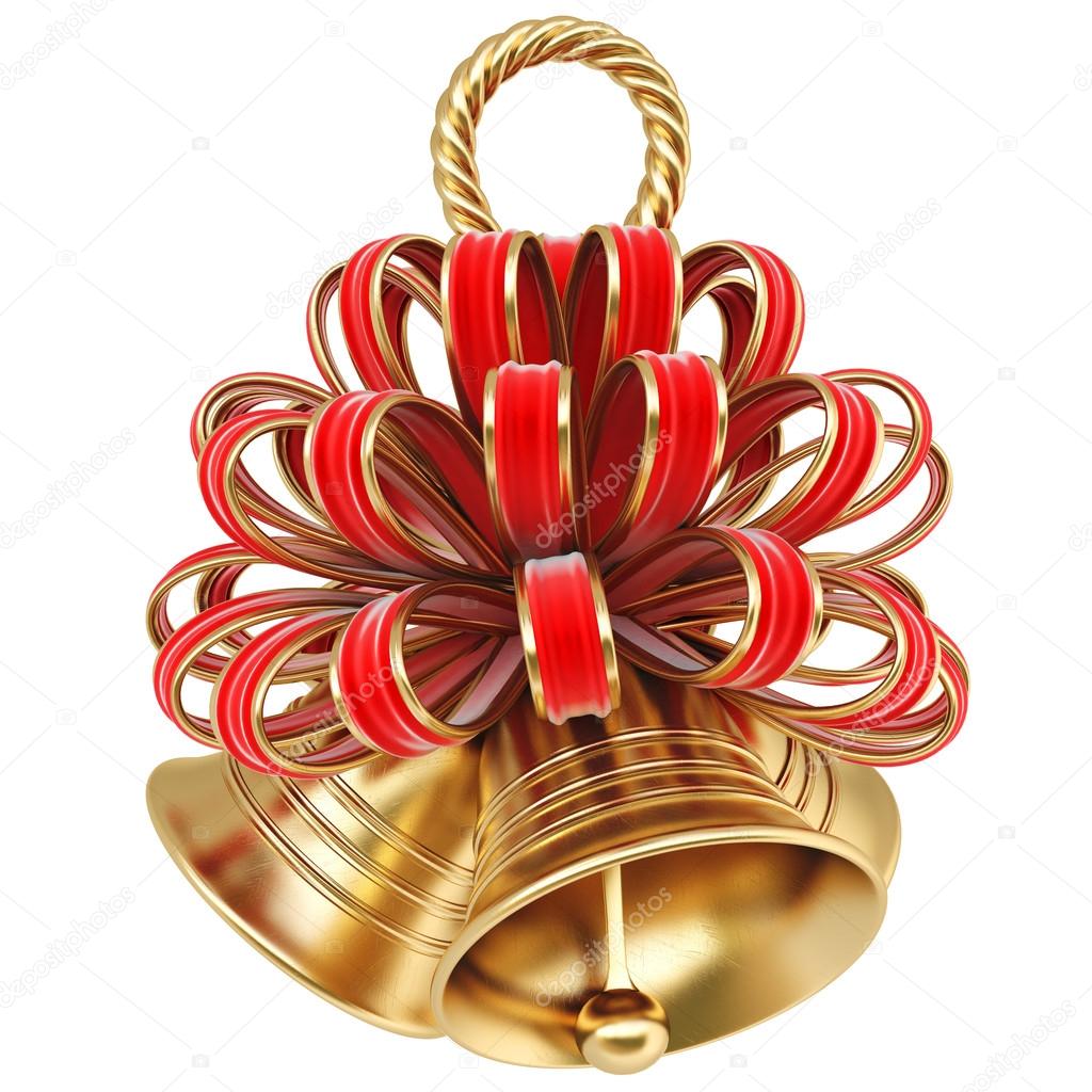 Golden bells with red bow.