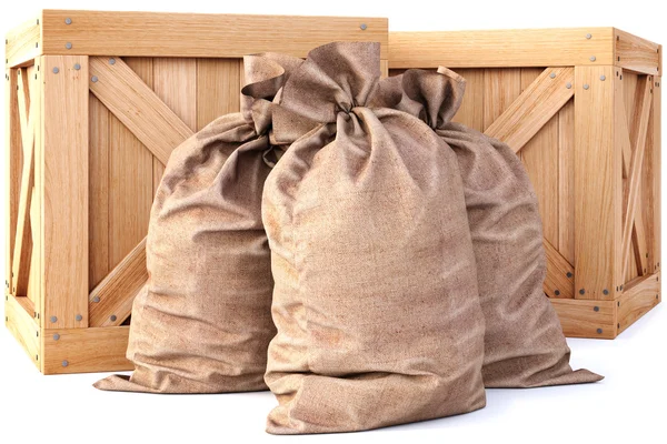 Boîtes en bois avec sacs — Photo