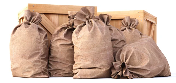 Cajas de madera con bolsas — Foto de Stock