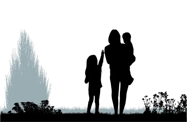 Familie silhouetten in de natuur. — Stockvector