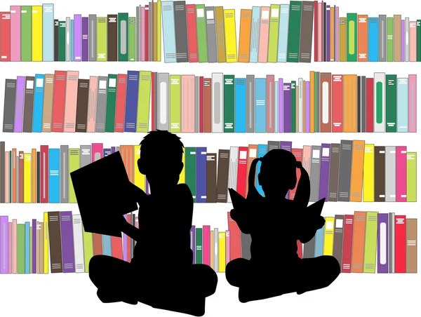 Σιλουέτες των παιδιών με βιβλία. — Διανυσματικό Αρχείο
