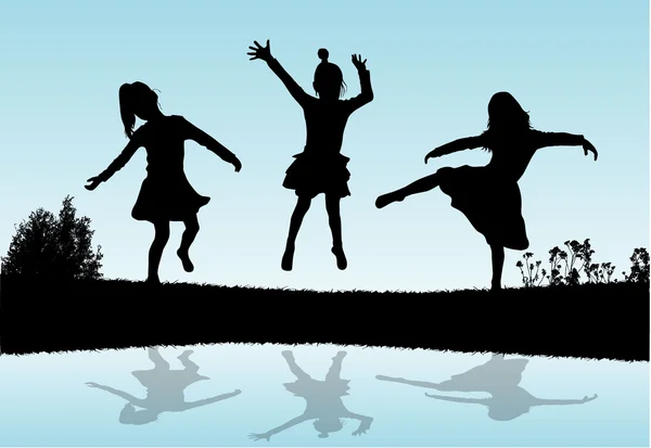 Silhouettes of children playing near a water. — Stock Vector