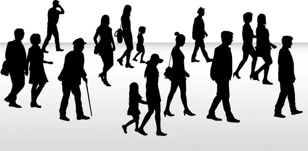 Persone che camminano, silhouette nere . — Vettoriale Stock