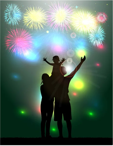 Vuurwerk Party.Silhouette familie. — Stockvector