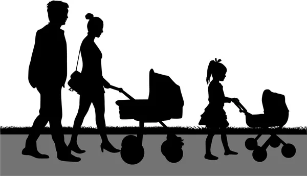 Silueta rodina dívky tlačí kočárek pro panenky. — Stockový vektor