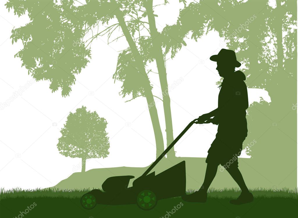 Man Mowing Lawn . Conceptual illustration.
