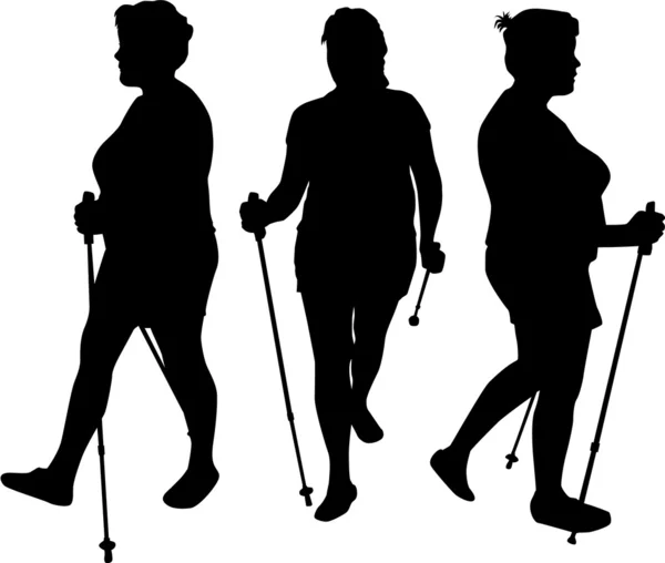 Vector silhouette of women with Nordic walking. — Stock Vector