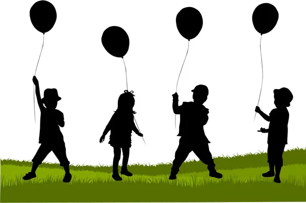 Silhouettes of children with balloon. — Stock Vector