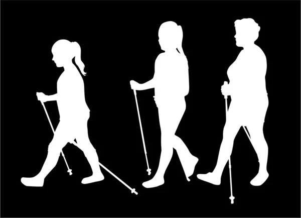 Vector silhouette of women with Nordic walking. — Stock Vector