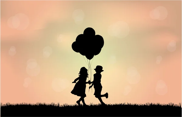 Silhouettes of children with balloon. — Stock Vector