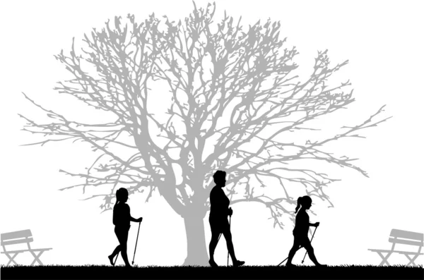 Vector silhouet van mensen met nordic walking. — Stockvector