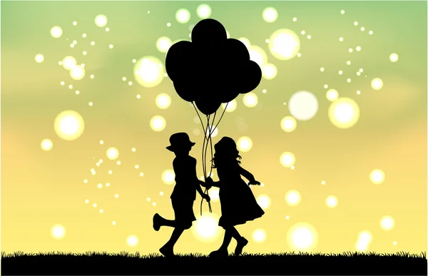 Silhouette of children with balloon. — Stock Vector