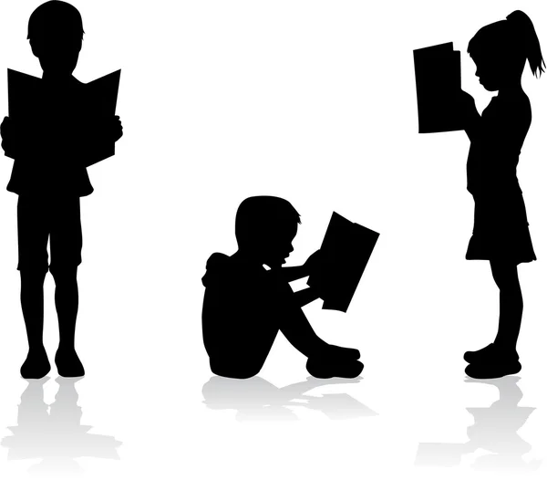 Bir kitap okuma bir çocuk silüeti.