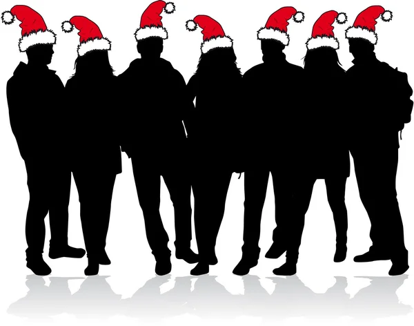 산타 모자에 있는 사람들의 그룹. — 스톡 벡터