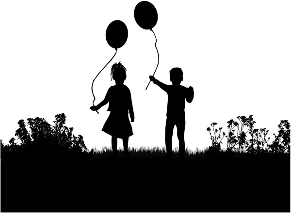 Silhouetten van kinderen met ballon. — Stockvector