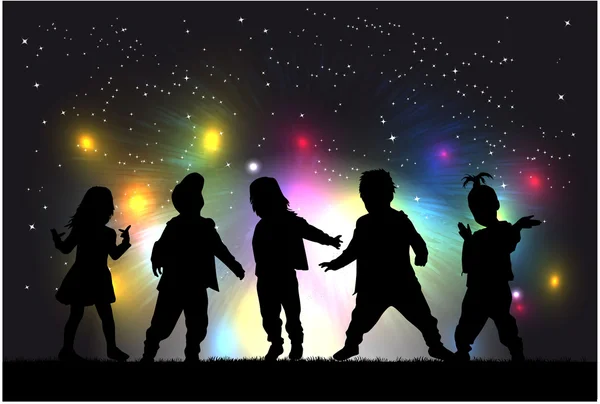 Fireworks show . Children silhouettes. — Stock Vector