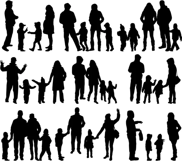 Familie silhouetten - grote groep. — Stockvector