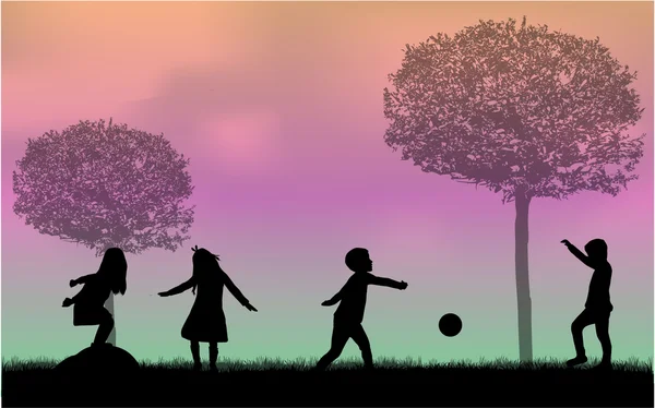 Children silhouette in nature . — Stock Vector