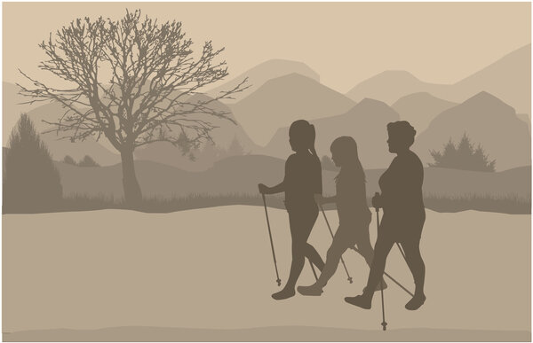 Vector silhouette of people with Nordic walking.