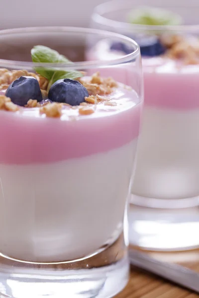 Deser, płatki zalane w dwóch smakach jogurt z blu — Zdjęcie stockowe