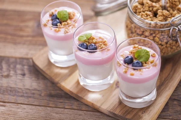 Delicious dessert, flakes flooded in two flavors yogurt with blu — Stock Photo, Image