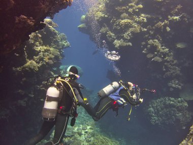 Scuba dalgıcı suyun altında fotoğraf çekiyor.