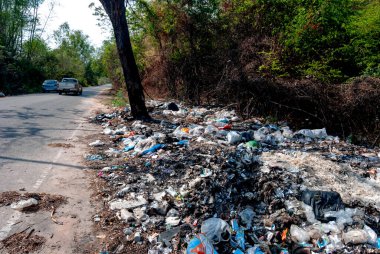 Plastik atıklar ve atıklar yol kenarına bırakılıyor, dikkatsiz ve yanlış yönetimle.