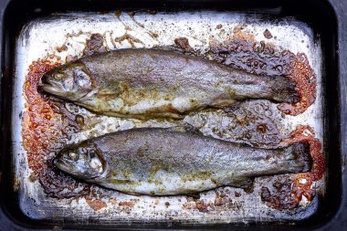 Bir fırın tepsisine kızarmış alabalık