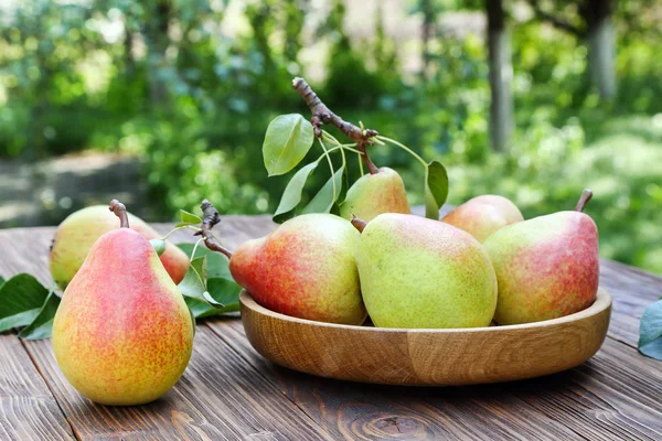 Ripe pears on a table in the garden — Stock Photo, Image