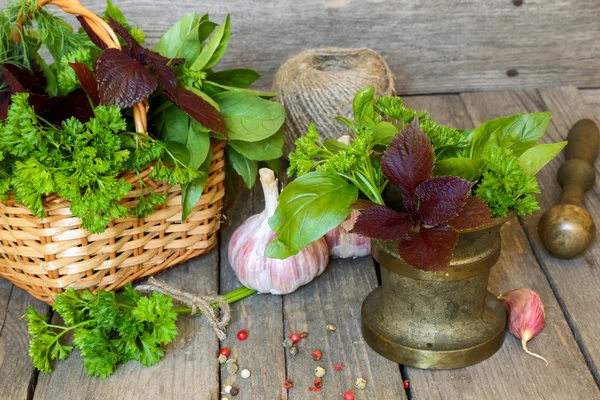 Épices et herbes sur fond de bois foncé — Photo