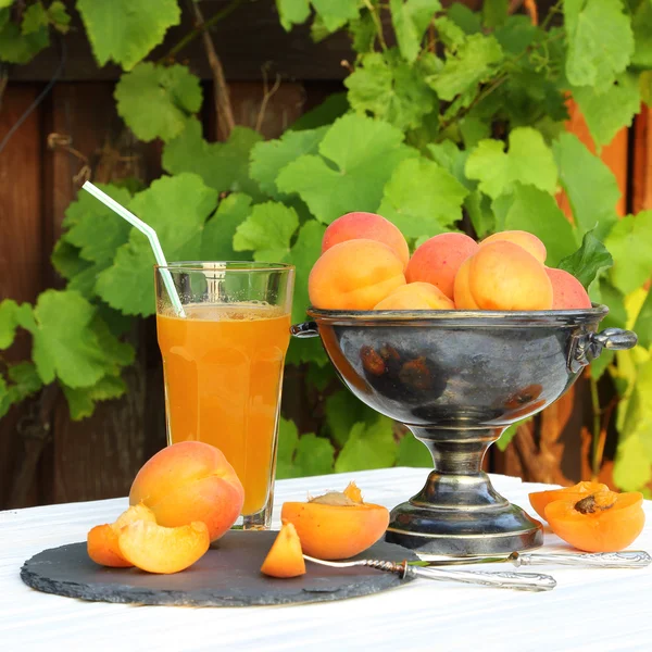 在一个金属的花瓶和杏汁一杯杏 — 图库照片