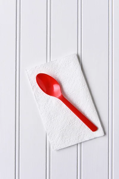 Red Spoon on White Napkin — Stock Photo, Image