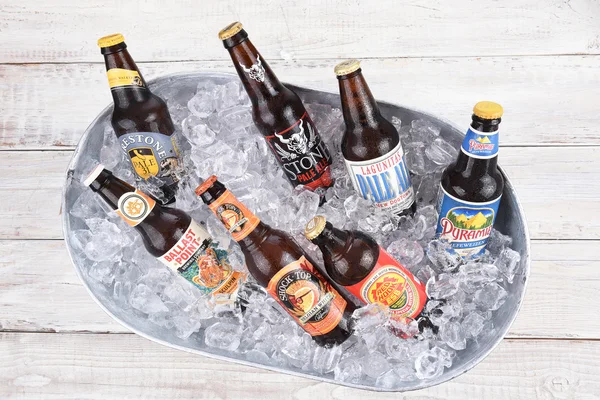 Cervejas artesanais em balde de gelo — Fotografia de Stock