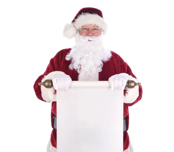 Santa Claus Sosteniendo Rollo Papel Delante Cuerpo Papel Está Blanco —  Fotos de Stock