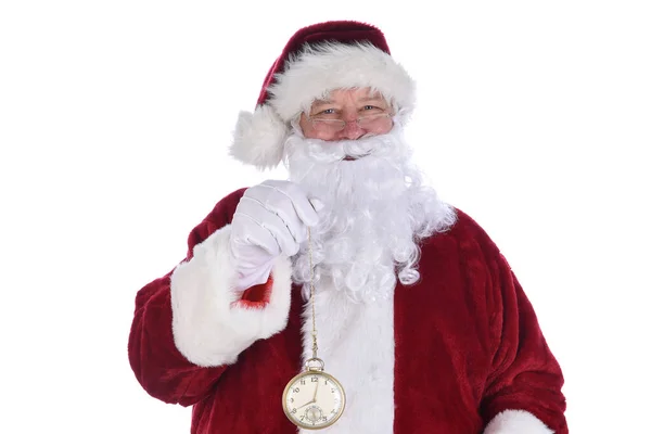 Closeup Papai Noel Segurando Grande Relógio Bolso Ouro Isolado Branco — Fotografia de Stock