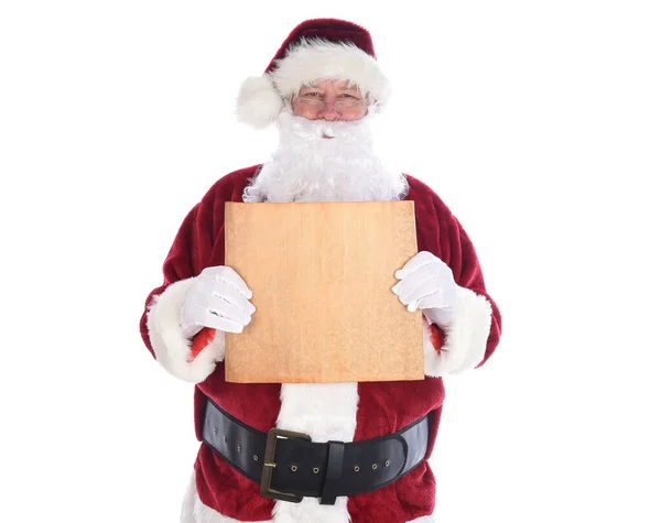 Santa Claus Sosteniendo Trozo Viejo Papel Pergamino Amarillento Frente Torso —  Fotos de Stock