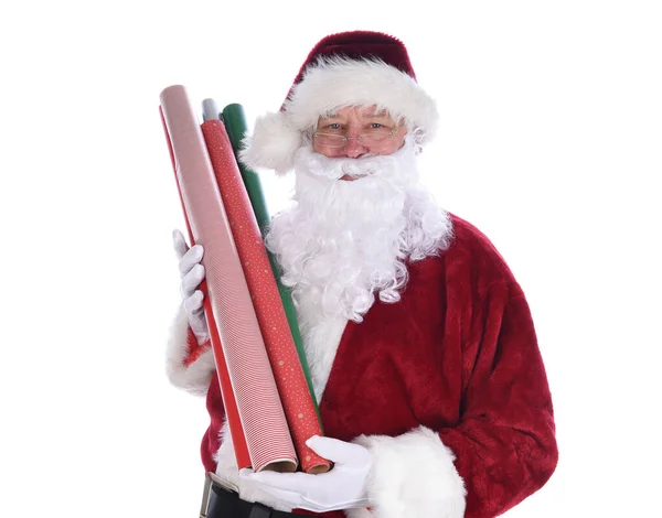 Santa Claus Holding Several Rolls Christmas Gift Wrapping Paper Isolated — Stock Photo, Image