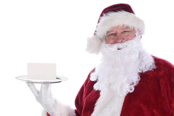 Santa Claus Sosteniendo Plato Plata Con Una Tarjeta Nota Blanco — Foto de Stock