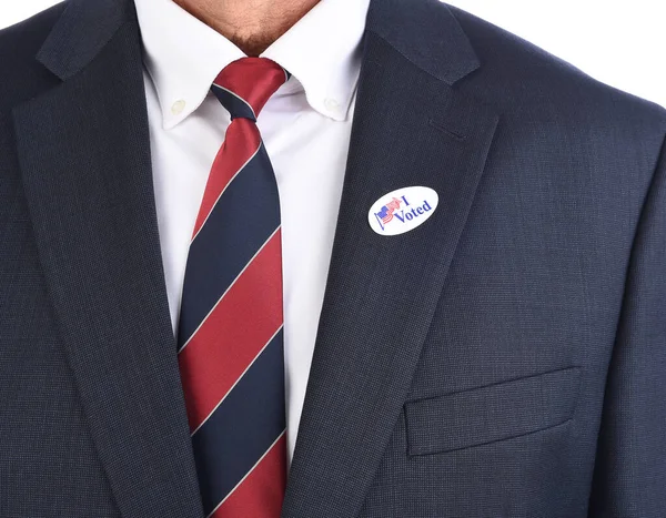 Großaufnahme Eines Geschäftsmannes Mit Einem Voting Aufkleber Revers Seiner Anzugjacke — Stockfoto